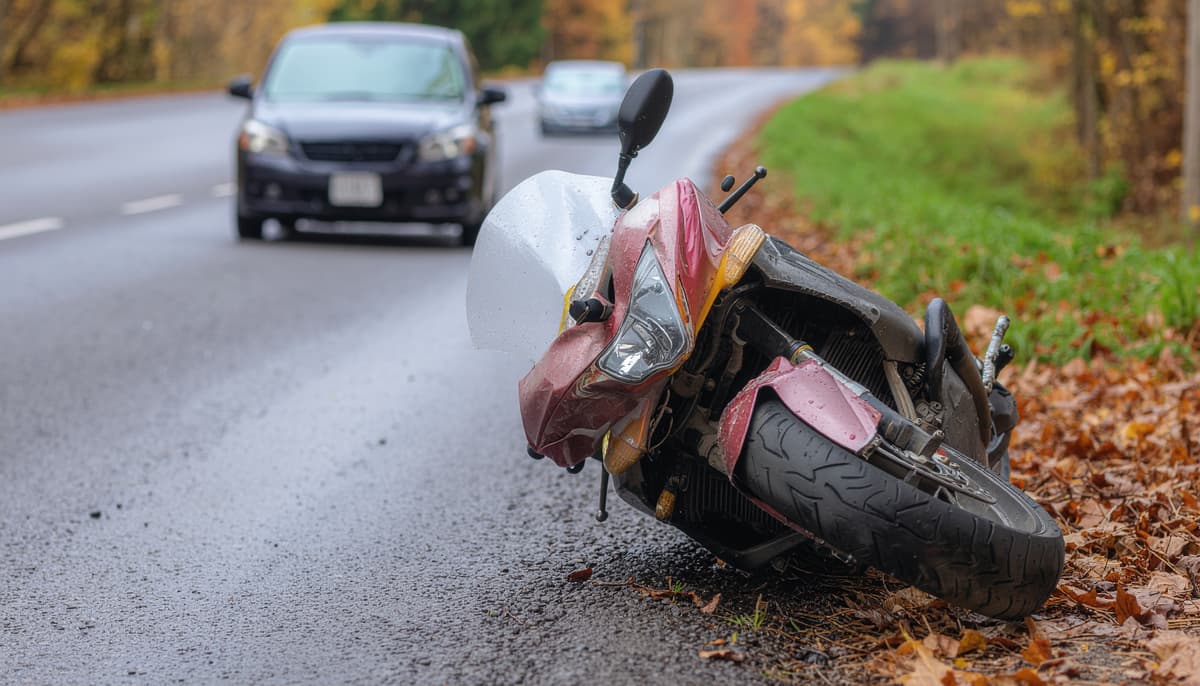 Motorcycle accident scene showing damaged motorcycle
